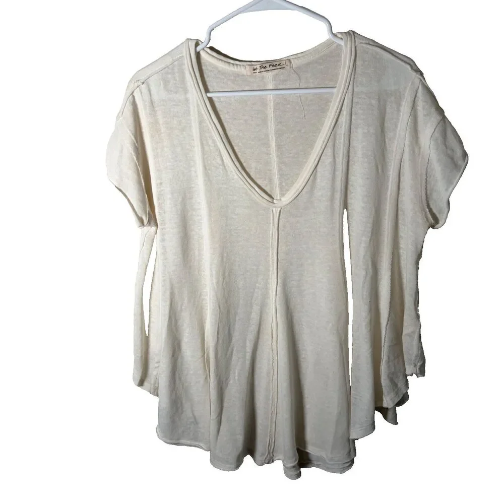 We the Free People T-Shirt Women's Small Ivory V-Neck Short Sleeve Knit Top